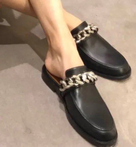sale! u718 34 black genuine leather chain slide shoes flat sandals mules shoes gi