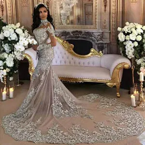 Luxury Sexy Sheer Tulle Evening Gown Beaded Lace Appliques High Neck Illusion Long Sleeves Champagne Mermaid Engagement Formal Dress