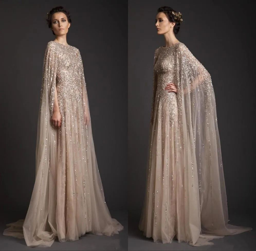 Klänningar Krikor Jabotian Evening Wear med Wrap Champagne Pärlor Smexinerade en linjeklänningar Custom Made Formal Party Dress