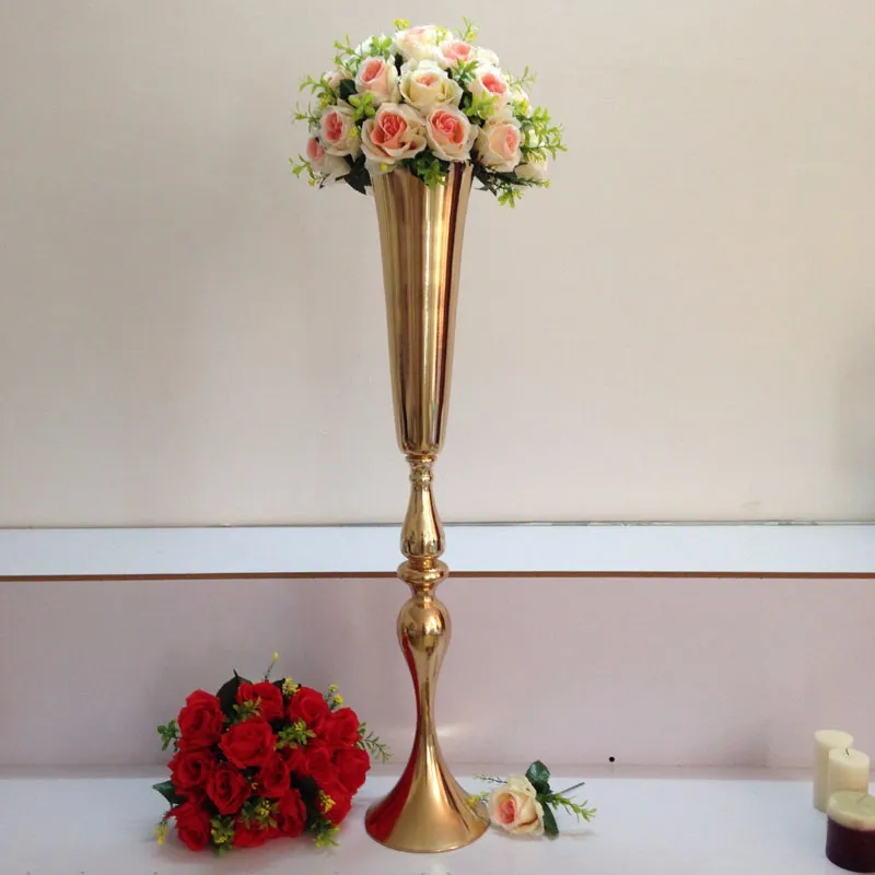 88 cm / 34.6 "Wedding Road Lead Flower Shelf Gold Table Stand for Wedding Centice Centice Decoration Flower Vaas Column ZA4590