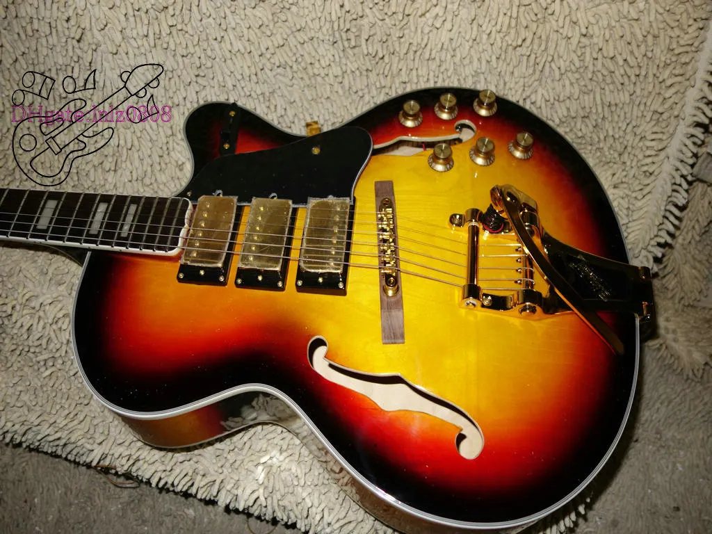 Sunburst – guitare Jazz creuse à 3 Pickups, matériel doré, vente en gros, nouveauté