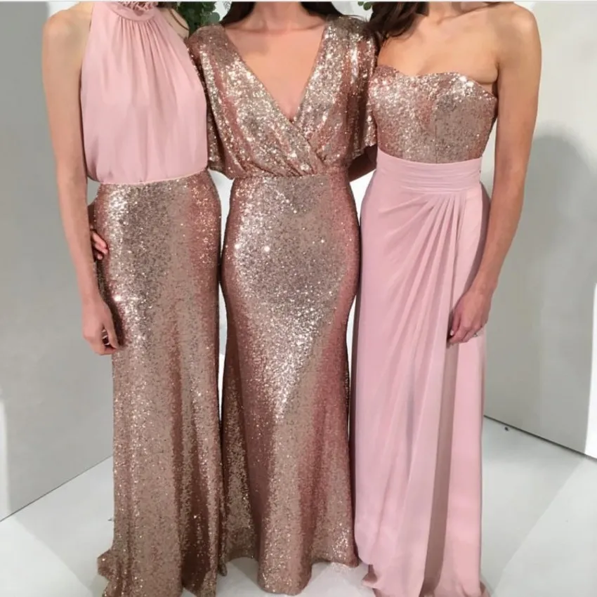 Shining Drie stijlen A-lijn Sequin Bruidsmeisjesjurken Rose Goud met Roze Mermaid 2019 Custom Made Wedding Party Formele Jurken Maid of Honour