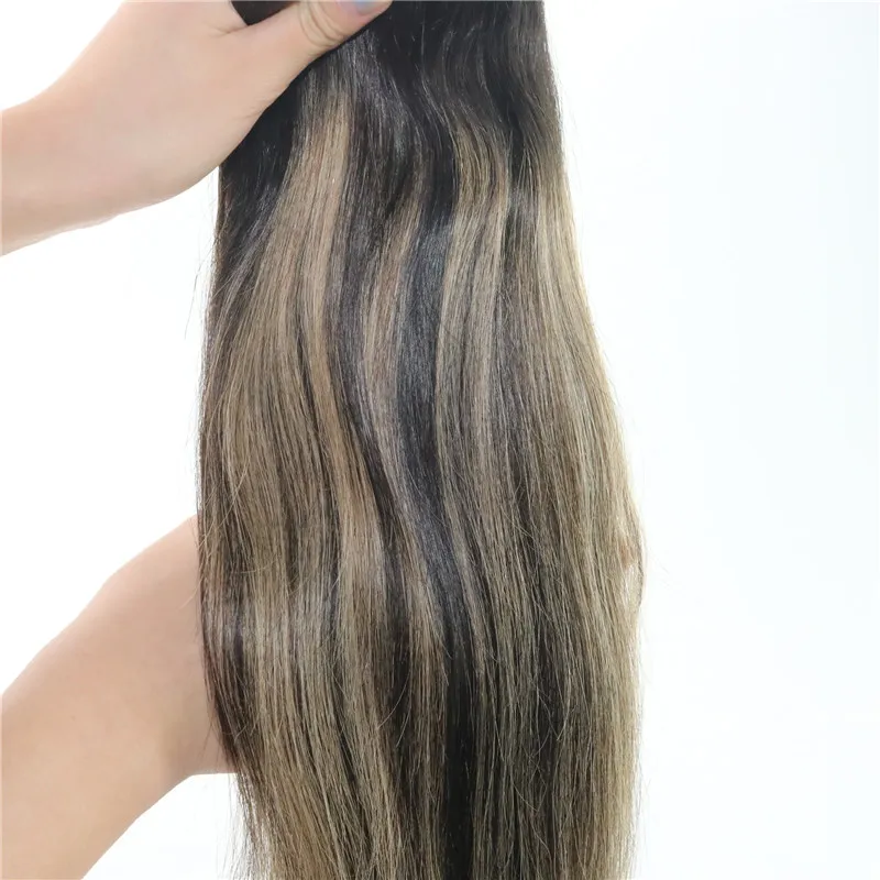 Human Hair Weave Ombre Dye Color Brazilian Virgin Hair Weft Bundle Extensions Balayage Two Tone 2#Brown To #27 Blonde