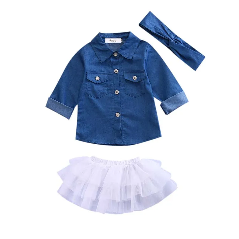 Baby Girl Denim Fashion Set Clothing Children Long Sleeve Shirts Top+Shorts Skirt+Bow Headband Outfits Kid Tracksuit