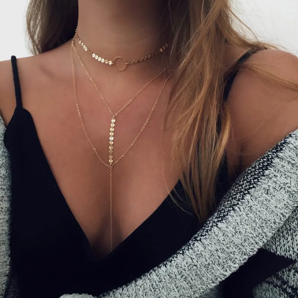 Kobiety Chokers Cekiny Naszyjniki New Arrival Długi Łańcuch Wisiorki Oświadczenie Wielowarstwowe Naszyjnik Dla Kobiet Klub Nightclub Party Biżuteria Hurt