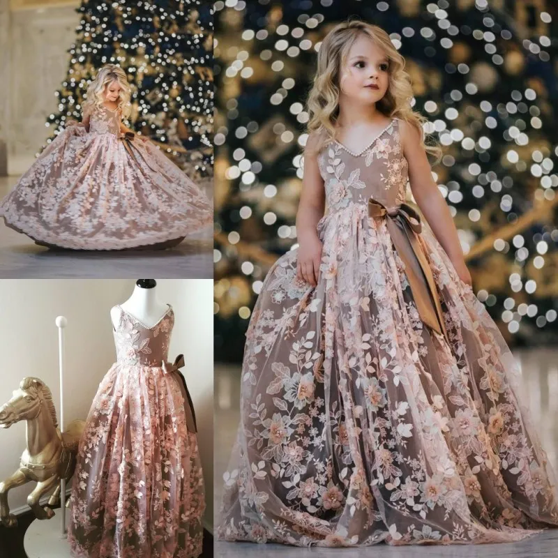 Image r elle Fleurs Robes Filles De Broderie De Luxe Appliques Enfants Perles Robes De Soir e Robe De Tulle Sans Manches Flowergirl En Ventes