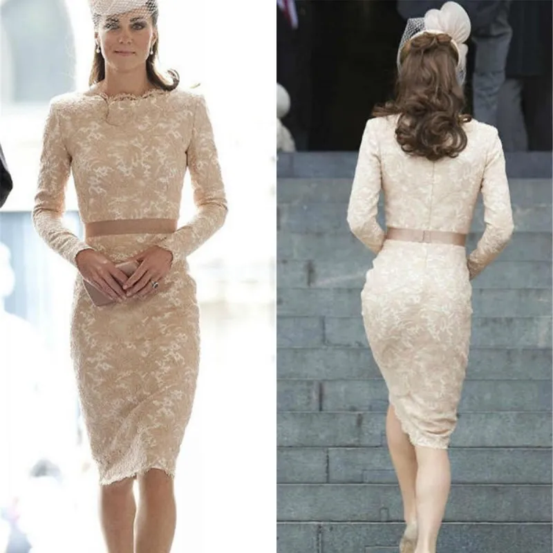 Lace Cocktail Dresses Moda Kate Middleton Vestidos Champagne Vintage Lace Bainha Bateau Decote Na Altura Do Joelho Formal Vestidos de Festa com Sash