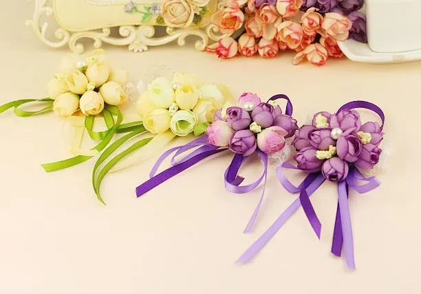 Demoiselles d'honneur mariée élasticité dentelle poignet fleurs soeur main fleur boutonnière fête mariage décoration fleur danse accessoires 6 couleurs cadeau