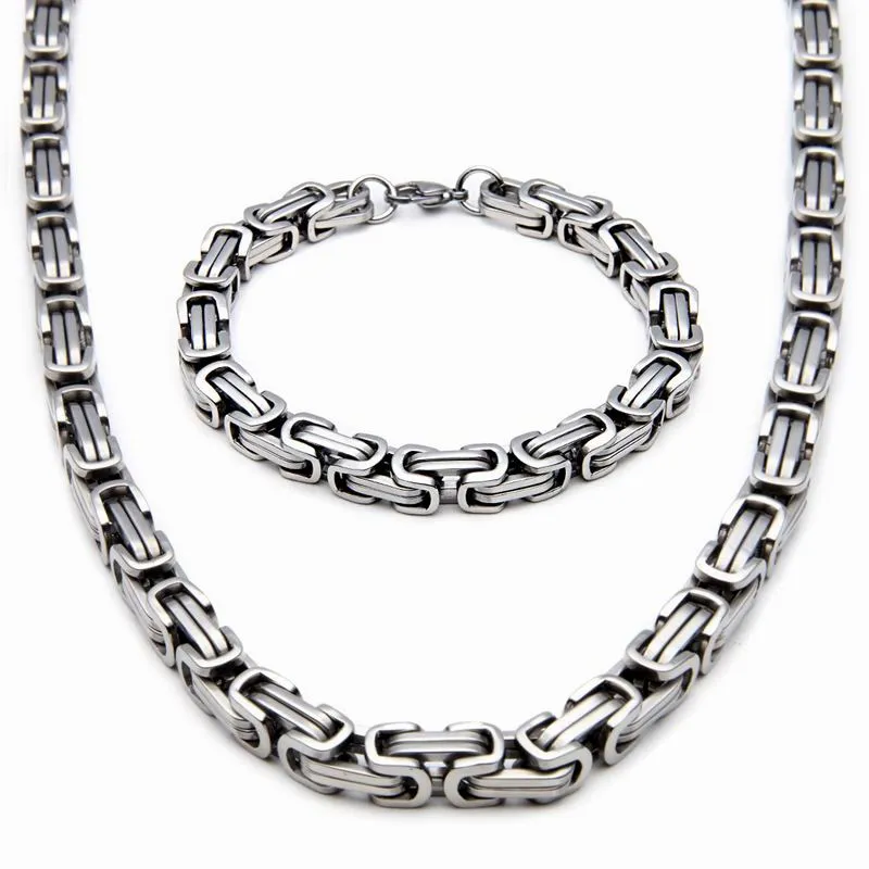 Wholesale 8mm Stainless Steel Mens Necklace Bracelet Set Byzantine Chain Black/silver/gold color 55CM necklace