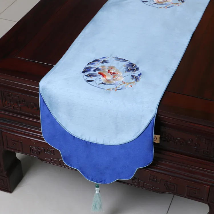 Fin broderi peony bord löpare högkvalitativa matbordsmattor silke brocade rektangel soffbordduk placemat hem dekoration 200x33