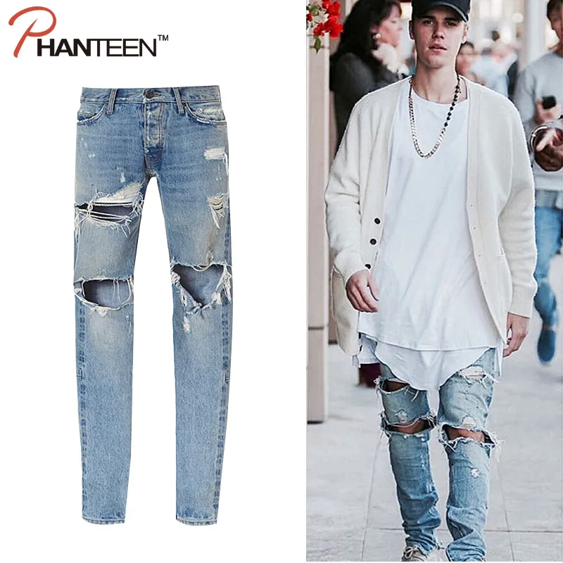 Wholesale-West Men Jeans Tvättade Ripped Casual Jeans Street Style Side Zipper Fashion Man Jeans