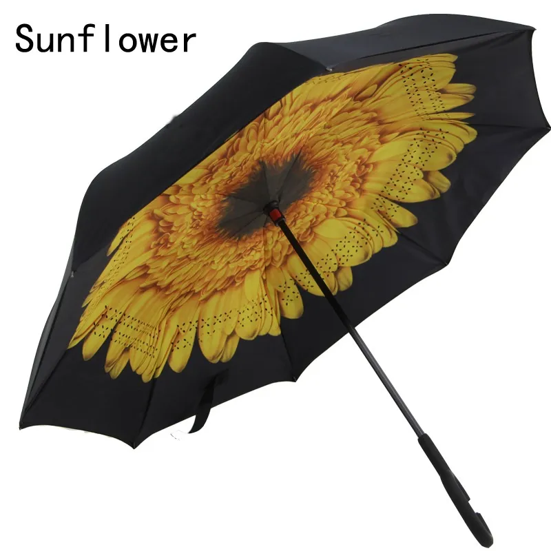 Self Standing Inside Out Inverted Umbrellas Double Layer Reverse Rainy Sunny Umbrella with C Handle wa3233