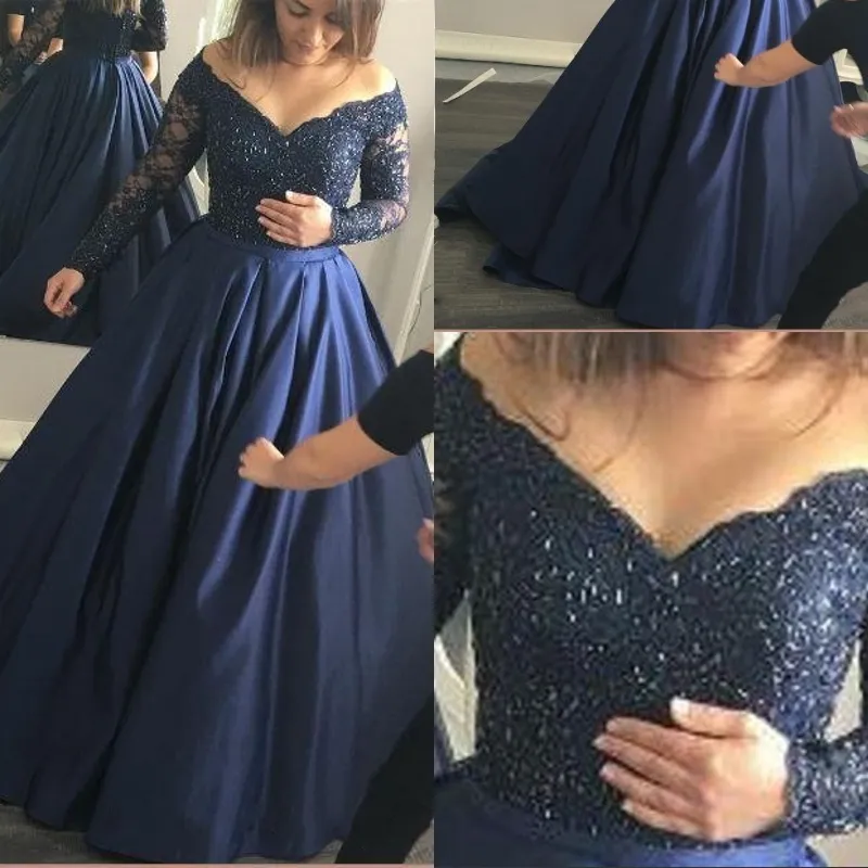 Navy Blue Ball Gown Prom Dresses Off The Shoulder Sheer Long Sleeve ...