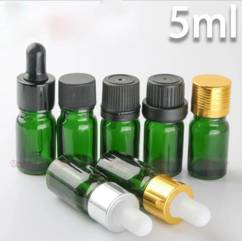Flacone contagocce in vetro verde cosmetico all'ingrosso in fabbrica, flacone vuoto da 5 ml per olio essenziale con tappo a prova di bambino