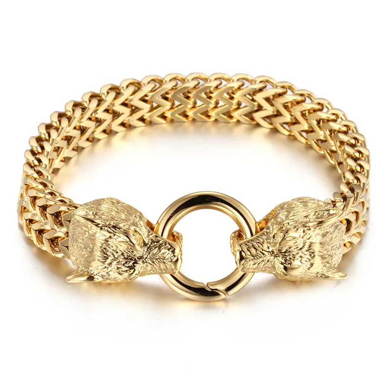 Mäns coola gåvor Biker Stainelss Steel Gold Double Figaro Chain Armband Wolf / Lion / Skull Heads Clasp Bangle Armband