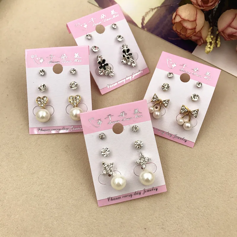 Venta al por mayor Stud Crown Princess Cross Pendientes de boda Moda 3 par / lote Plata Oro Rhinestone Perla Opal Zircon Joyería de moda DHL gratis