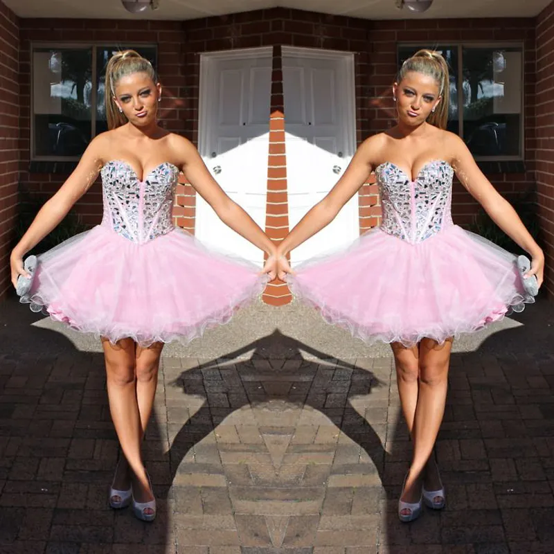 Classic Pink Sweetheart Rhinestone Prom Dresses Sexy Formal Evening Gowns Lace Up Sweetheart Vestidos Festa Short Prom Dress
