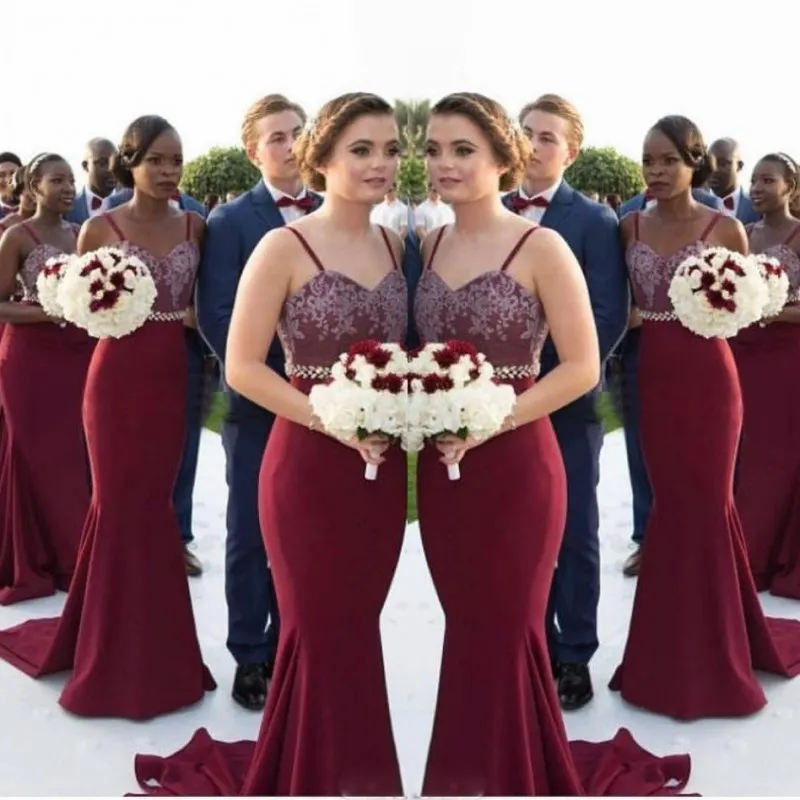 Burgundy Spaghetti Long Bridesmaid Dresses Lace Appliques Beaded Waist Mermaid Maid Of Honor Gowns Wedding Guest Formal Party Dress Cheap
