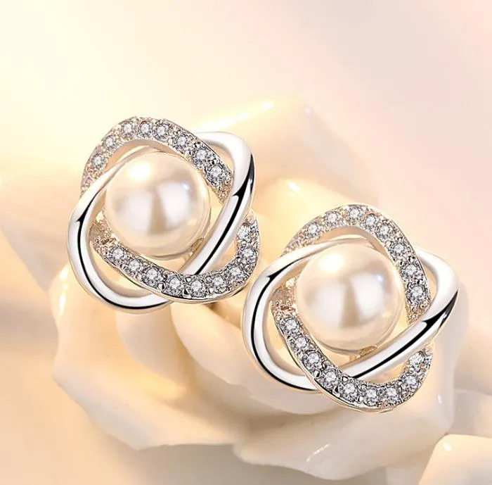 18 styles 925 sterling Silver Pearl rhinestone Rhodium Plated Hoop Stud Earrings Fashion Hot sell Jewelry for women High quality C634