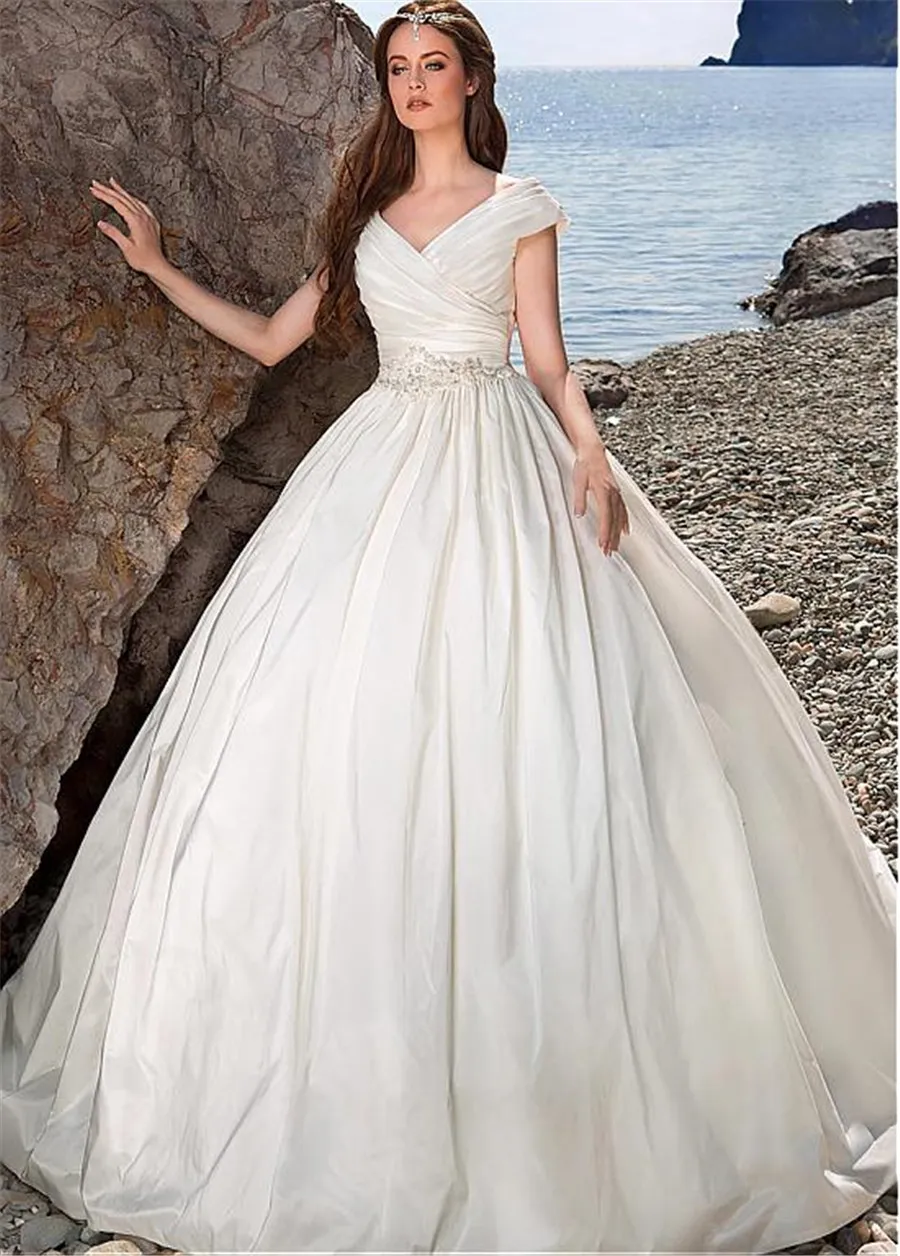 Taffeta V-neck Neckline Ball Gown Wedding Dresses with Beaded Sash Lace Appliques Beach Bridal Gowns vestido de novia