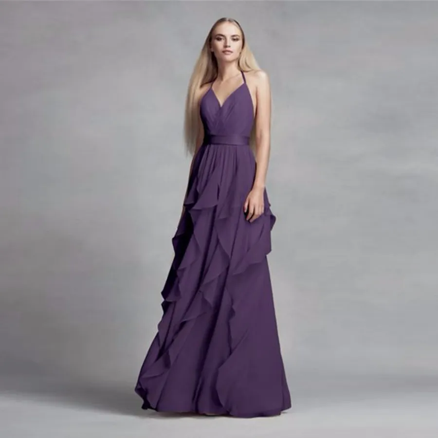 2021 NOUVEAU! Robe de demoiselle d'honneur en mousseline de soie violette, décolleté licou, avec jupe en cascade, robes formelles de soirée de mariage, VW360326