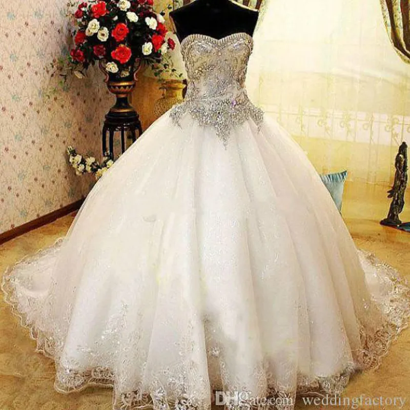 Robes de mariée de luxe chérie robe de bal Bling Bling cristaux strass paillettes paillettes dentelle Appliques grande taille robe de mariée