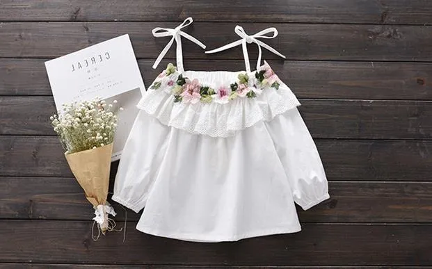 봄 여름 여자 아기 Sun-Top 꽃 자수 면화 탑 블라우스 Kids Florals 흰색 Tshirt Children Blouses Clothing