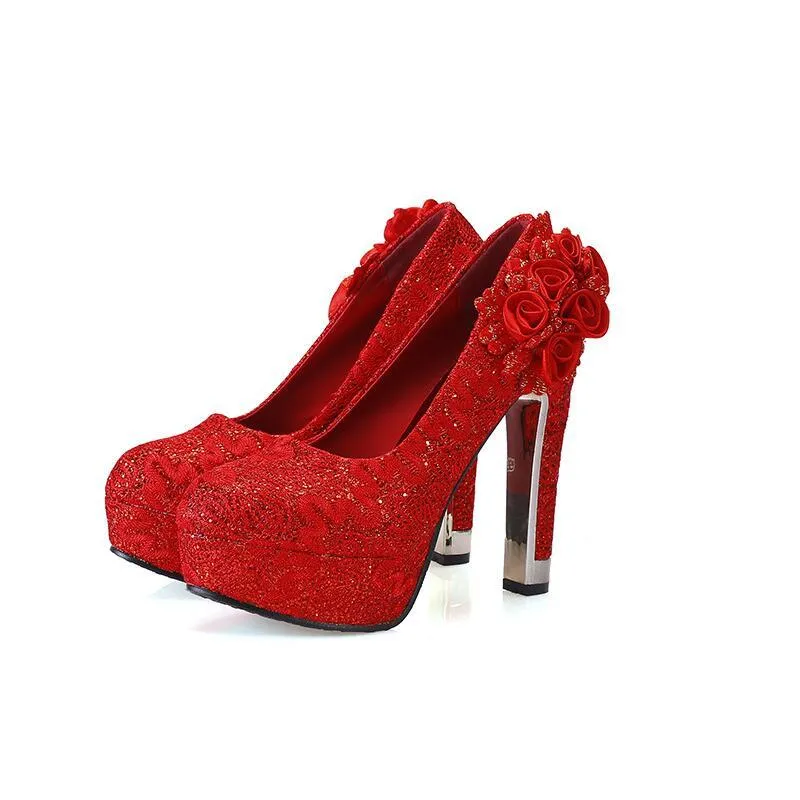 Hot Sale Red Bröllop Skor Bröllop Pumpar Kvinnors Tjej Rose Flower Party Skor High Chunky Heels Skor 11 cm