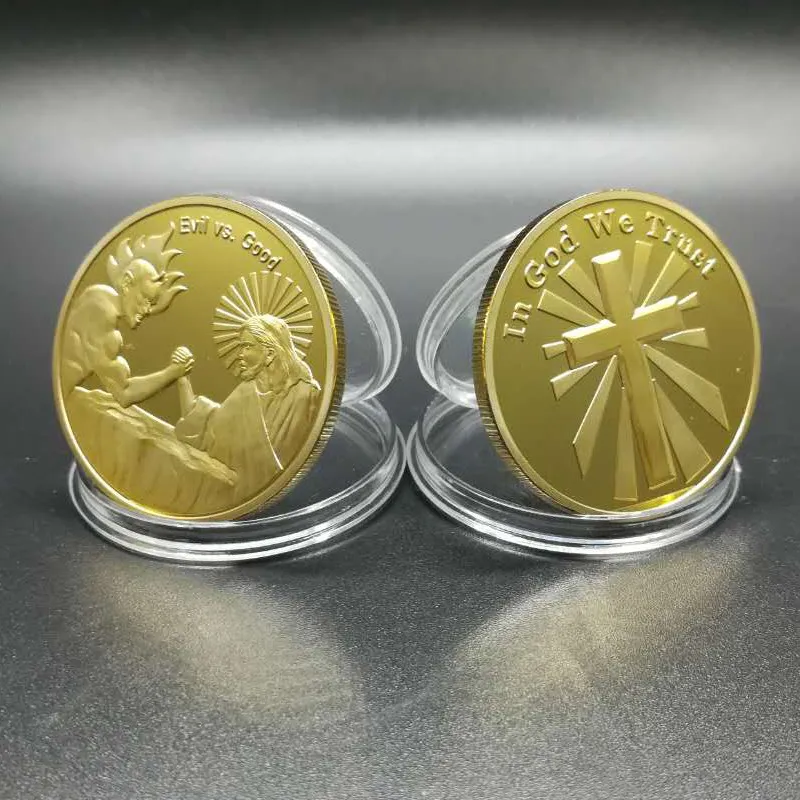 100 pcs Non magnetic brand new in god we trust evil vs god religious Jesus 24k real gold plated souvenir coin free shipping