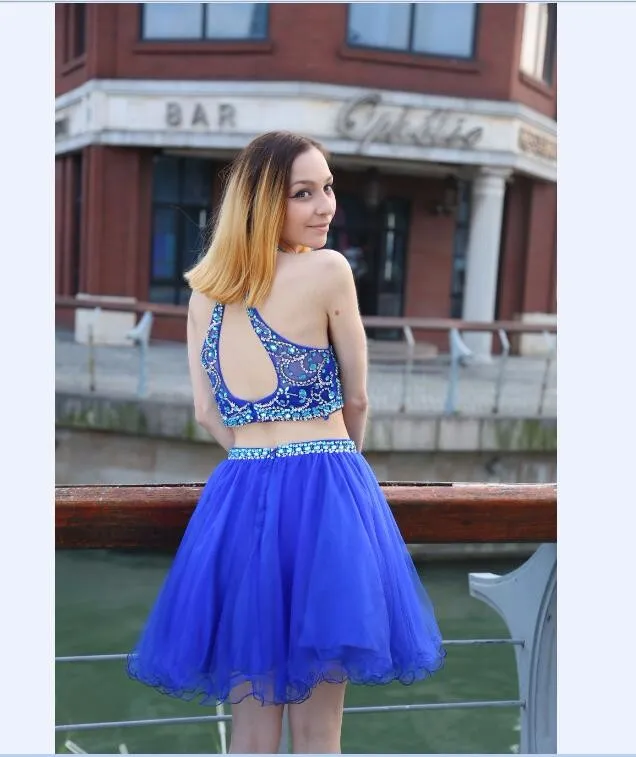 2021 KORT HOMECOMING Dresses Jewel Crystal Pärled Två stycken Sexig ärmlös Royal Blue Tulle Aline billiga cocktailklänningar Party9697488