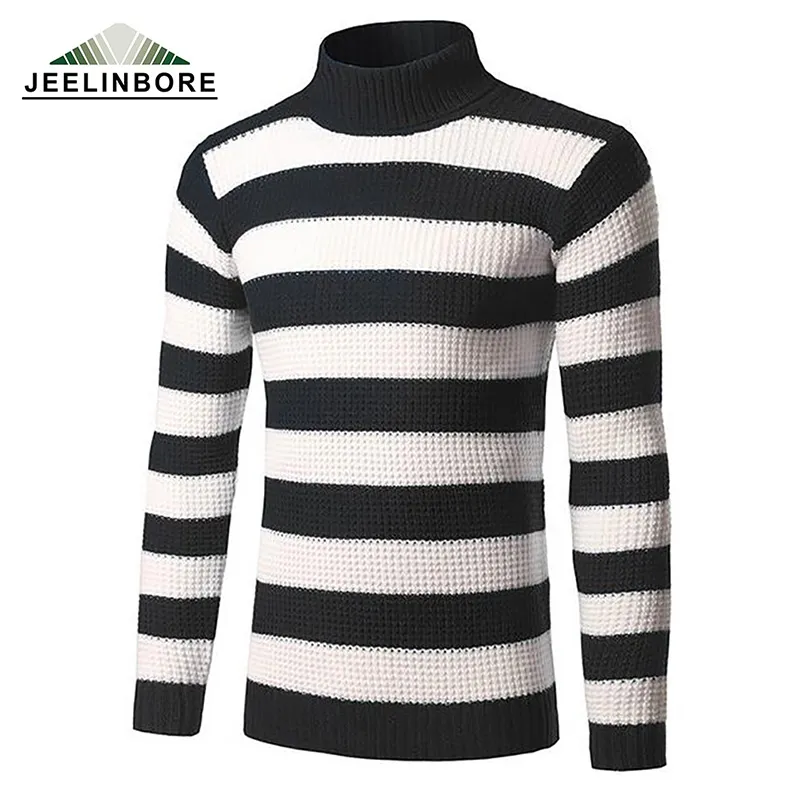 Winter Thick Warm Striped Pullover Sweater Men Turtleneck Mens Sweaters Slim Fit Pullover Men Knitwear Double collar