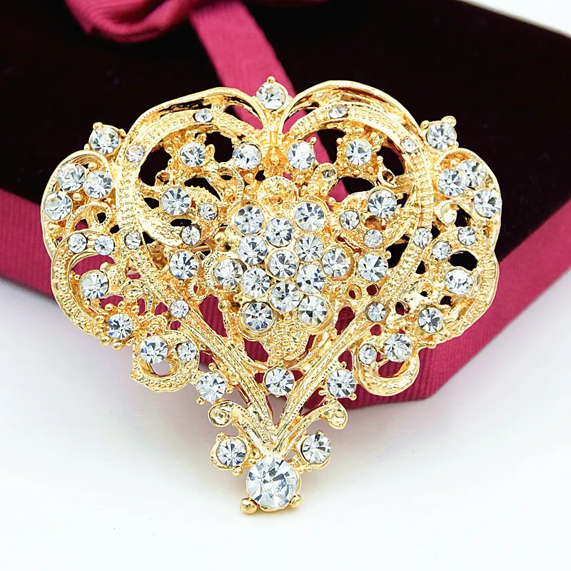 Vintage Fashion Rhodium Plated Stunning Clear Crystals Big Heart Flower Brooch Women Wedding Bridal Bouquet Pins Hot Selling Top Quality