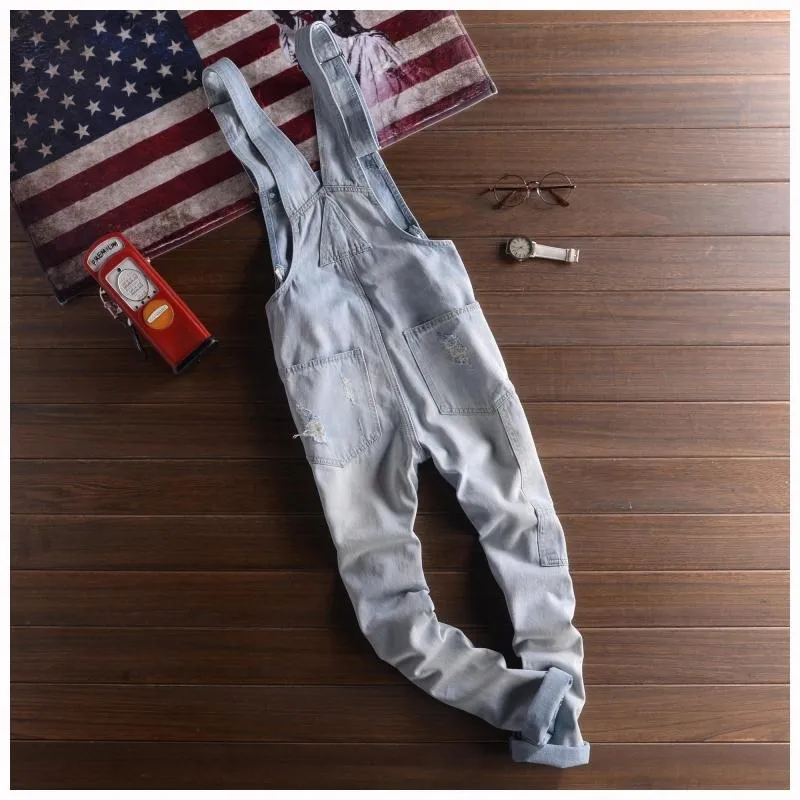 Wholesale Mens Distressed Jeans Bib Overalls Fashion Light Blue