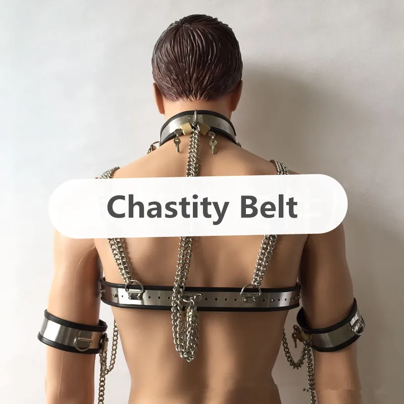5 / 8In1 Rostfritt stål Male Chastity Enheter Chastity Belt + Collar + Bra + Handcuff + Arm Ring + Lår Ringar med kedja Sexig Bondage Kit G7-4-43