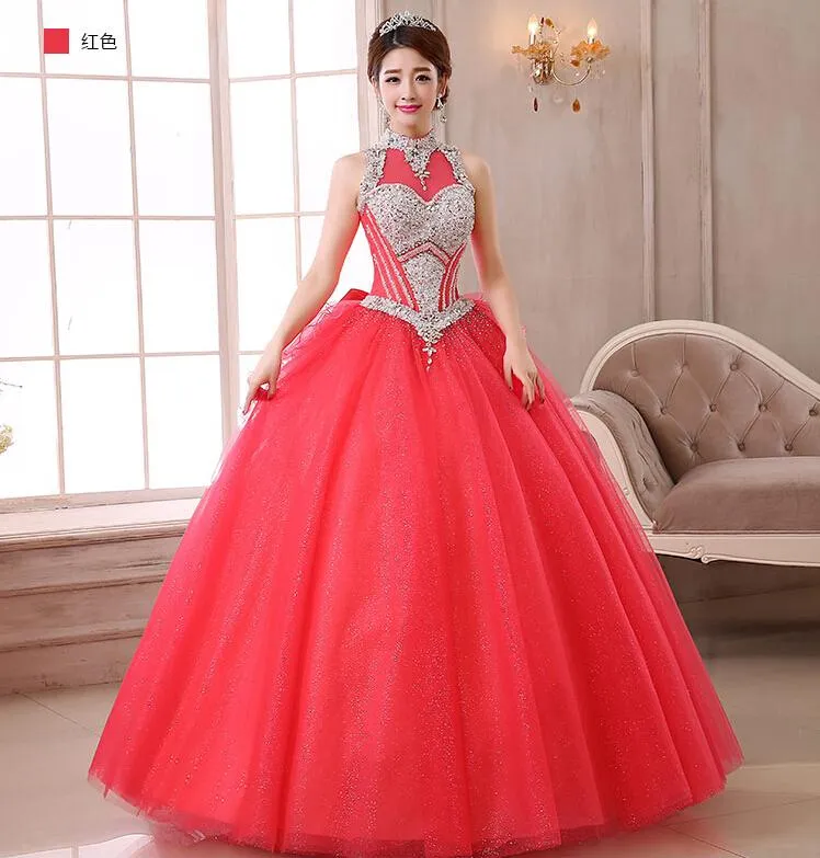 New Vintage Cheap Red Quinceanera Dresses High Neck Beading Corset and Tulle Debutante Gowns For Sweet 16 Girls Masquerade Ball Gowns