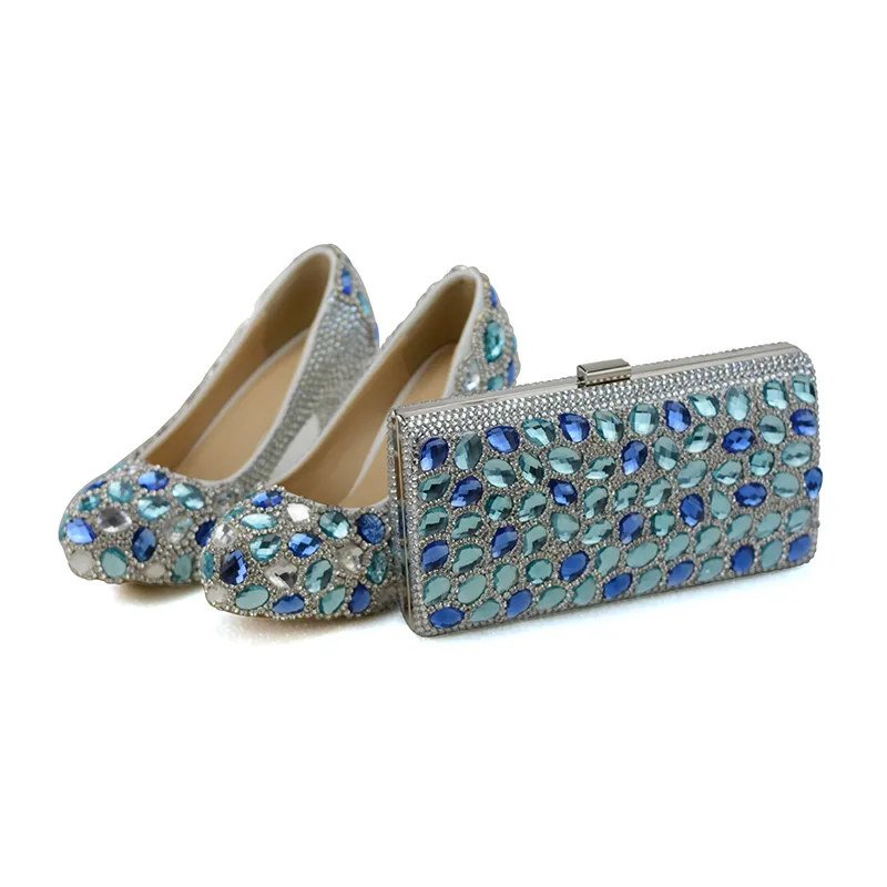 Cristal bleu chaussures de fête de mariage talons hauts embrayage talon épais strass bal pompes cendrillon bal avec sac assorti