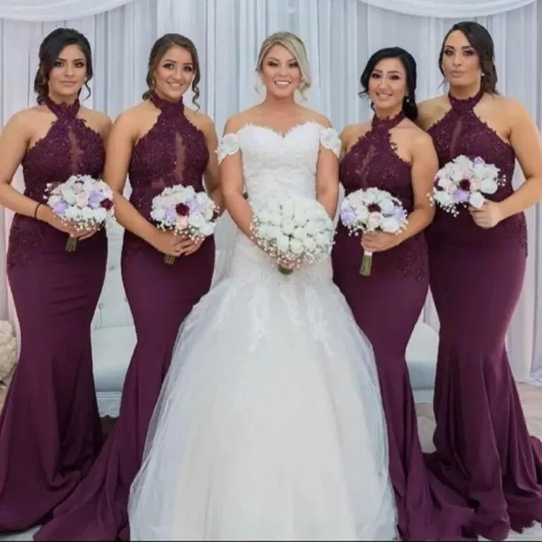 2020 New African Cheap Grape Mermaid Keyhole Bridesmaid Dresses Halter Lace Appliques Beaded Illusion Plus Size Maid Of Honor Party Gowns