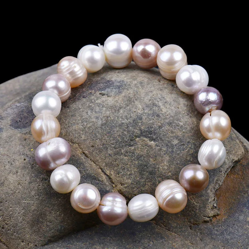 100% Mode Vit / Rosa 8-12mm Naturligt sötvatten Oregelbundet Pärla Armband Beaded Stretch Armband Elastiskt Bridal Armband