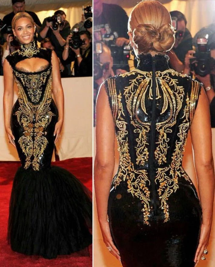 2017 Hot Sale Evening Gowns Beyonce Gala Black And Gold Embroidery Beaded High Neck Floor Length Mermaid Celebrity Dresses WD1016