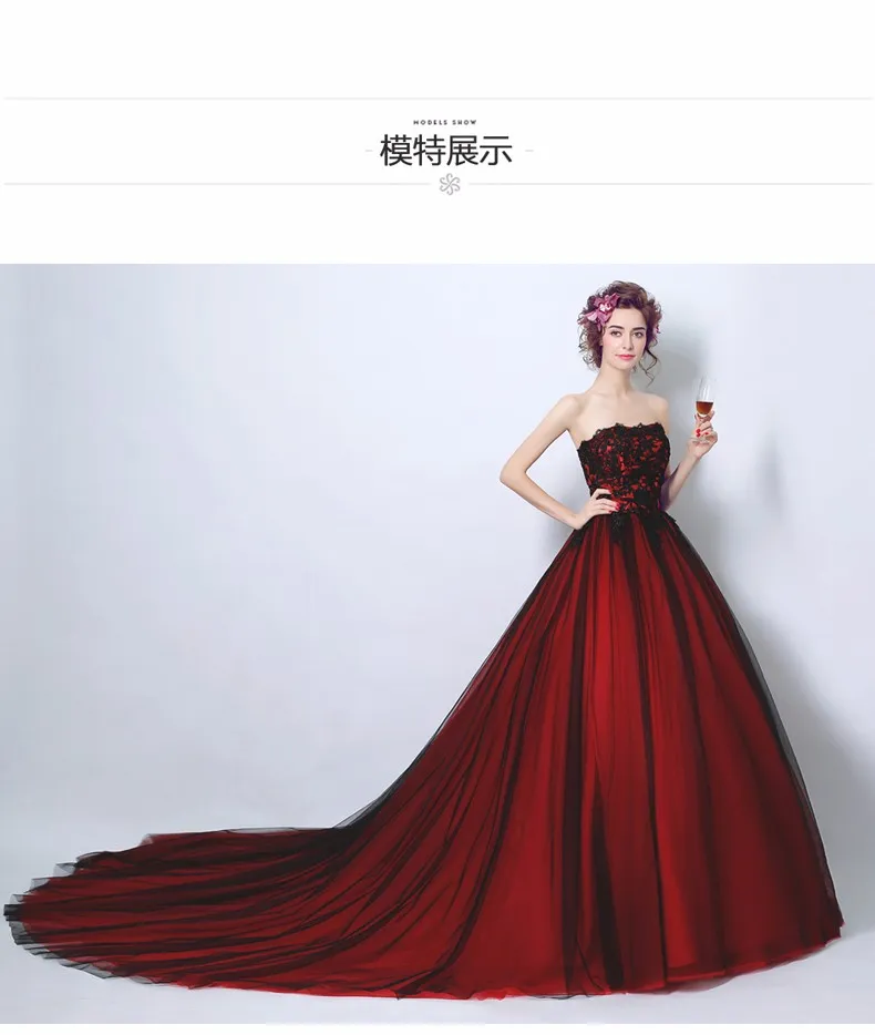 빨간색과 검은 볼 가운 고딕 웨딩 드레스 볼 가운 실제 이미지 화려한 빈티지 공주 웨딩 드레스 non white5290814