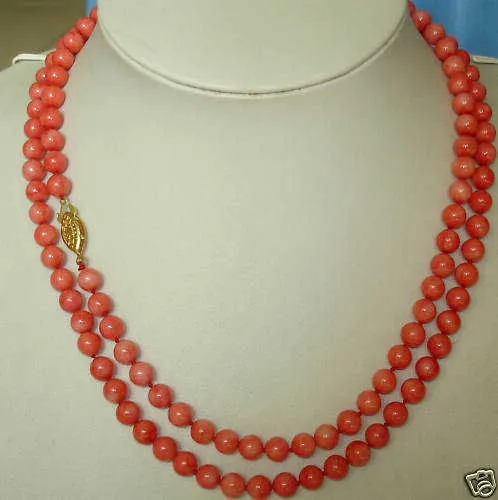 35''New Design Long Natural 6mm Red Coral Necklace 14K Gold