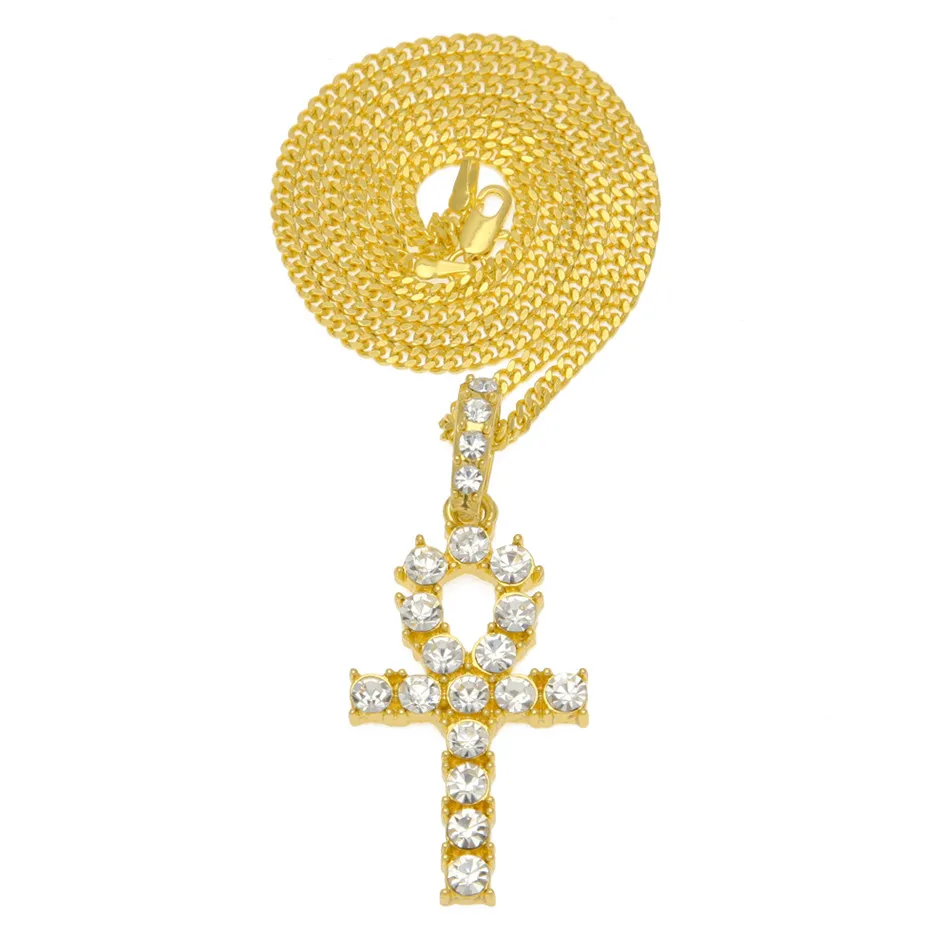 Gold Silver Egyptian Ankh With Cross Necklace Set Bling Rhinestone Crystal Key Cross Necklaces Hip Hop Jewelry Set7423228