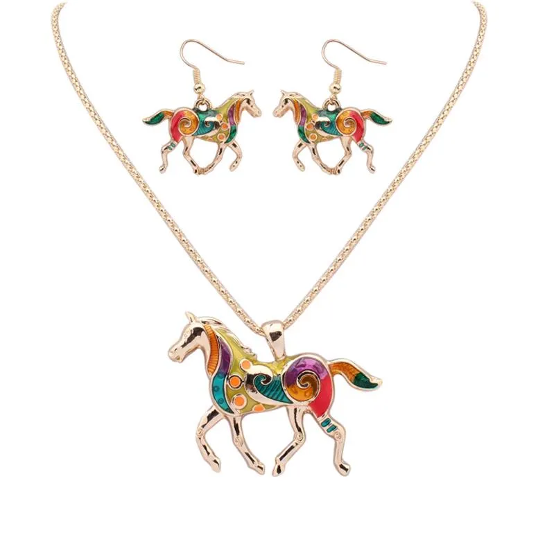 Nouveau mode coloré ensemble de bijoux goutte à goutte d'huile arc-en-ciel cheval pendentif boucles d'oreilles collier pour les femmes en gros