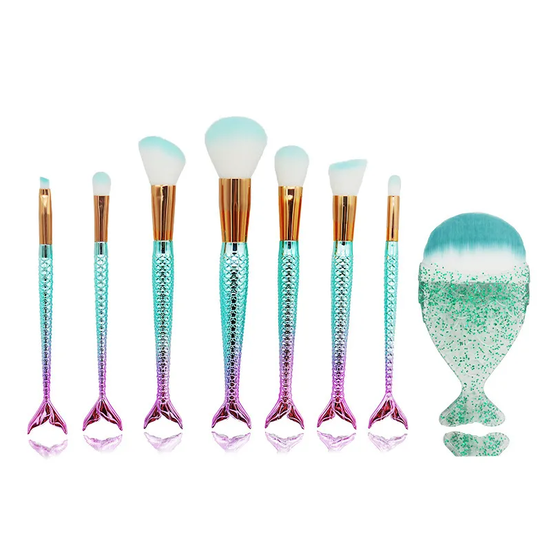 8 adet Icy Mavi Mermaid Makyaj Fırçalar Set Güzellik Kozmetik Vakfı Kaş Kapatıcı Allık Fırçası Aracı 3D Mermaid Şekil Makyaj Fırça Seti