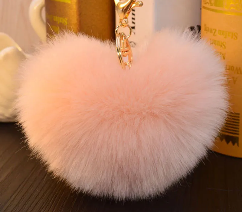 12CM similar Faux heart Rabbit fur key chains heart big size fluffy plush keychain car keyring Bag Pendant