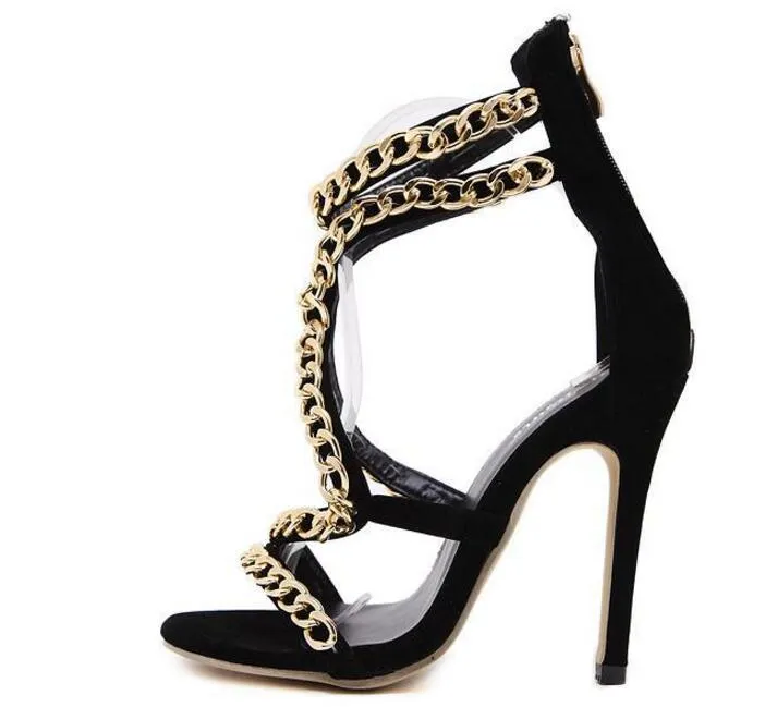 2017 여름 캐주얼 스타일 Catwalk 징조 금속 체인을 보여줍니다 샌들 정품 가죽 플랫 패션 여성 신발 블랙 크기 35-40 뒤꿈치 신발 웜