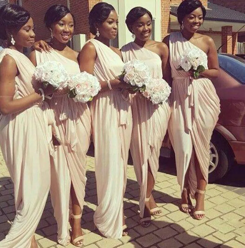 African American Grecian Bridesmaid Dresses 2017 Unique One Shoulder Peach Pink Mermaid Long Formal Dresses for Women With Sash2512