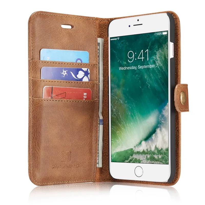 DG.MING Leather Wallet Cases For iphone 15 Pro MAX 14 Plus 13 12 11 XR XS 8 7 6 2in1 Magnetic Removable Detachable Flip Cover Metal button Business Card Slot Holder Pouch