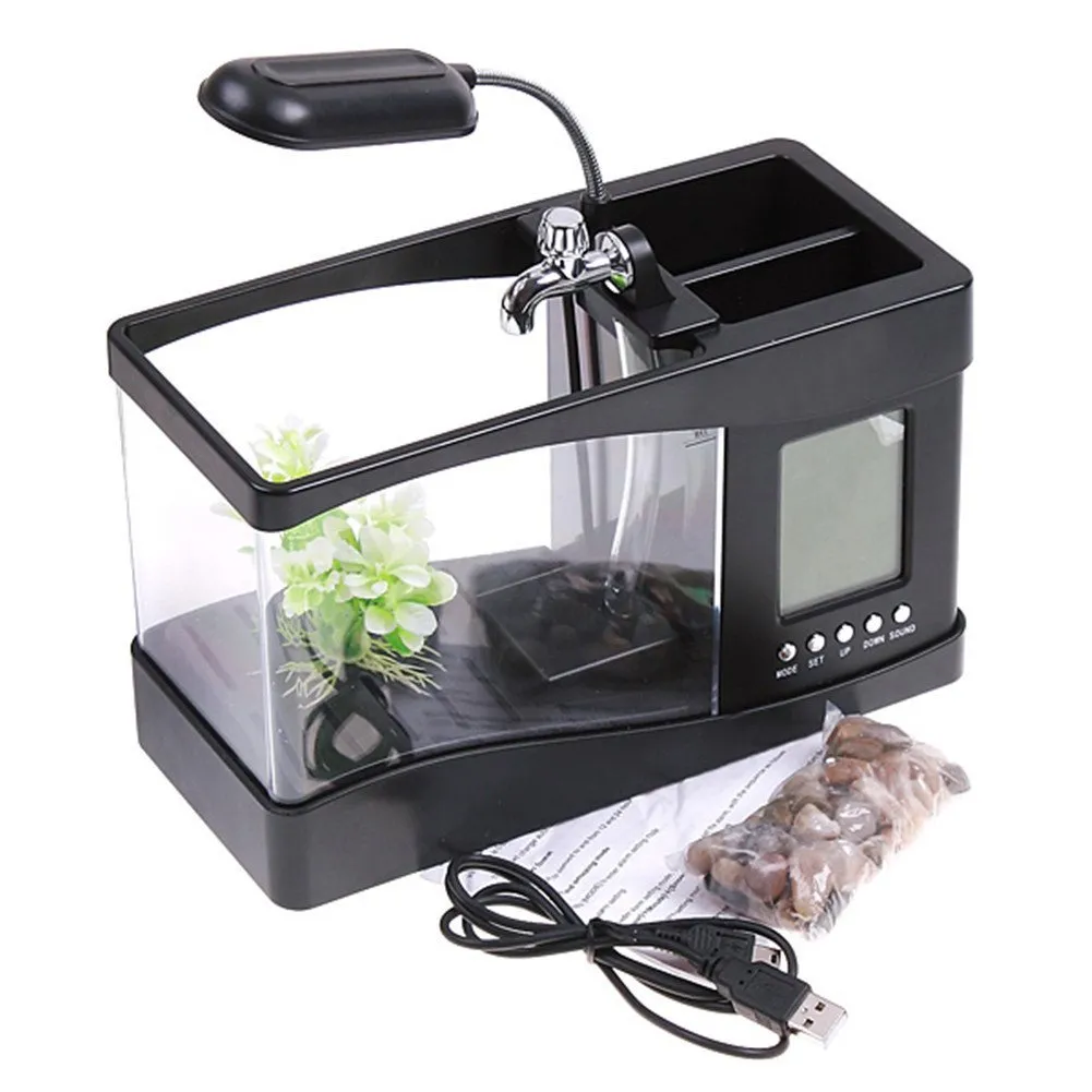 Luci acquario Mini USB con display LCD Lampada da tavolo orologio da tavolo con acquario pesci da tavolo Bianco nero