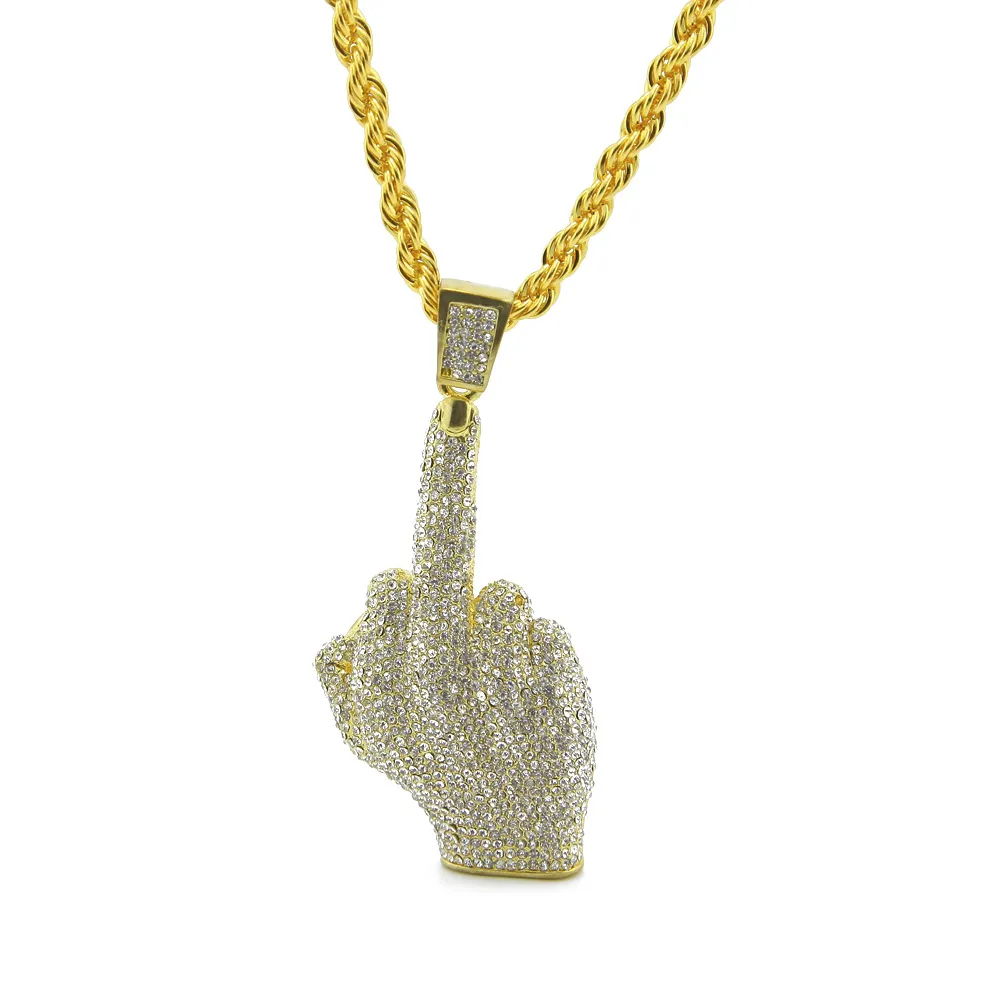 Iced Out Oro Argento Hip Hop Bling Eretto Dito Medio Ciondolo Collana Uomo Regalo